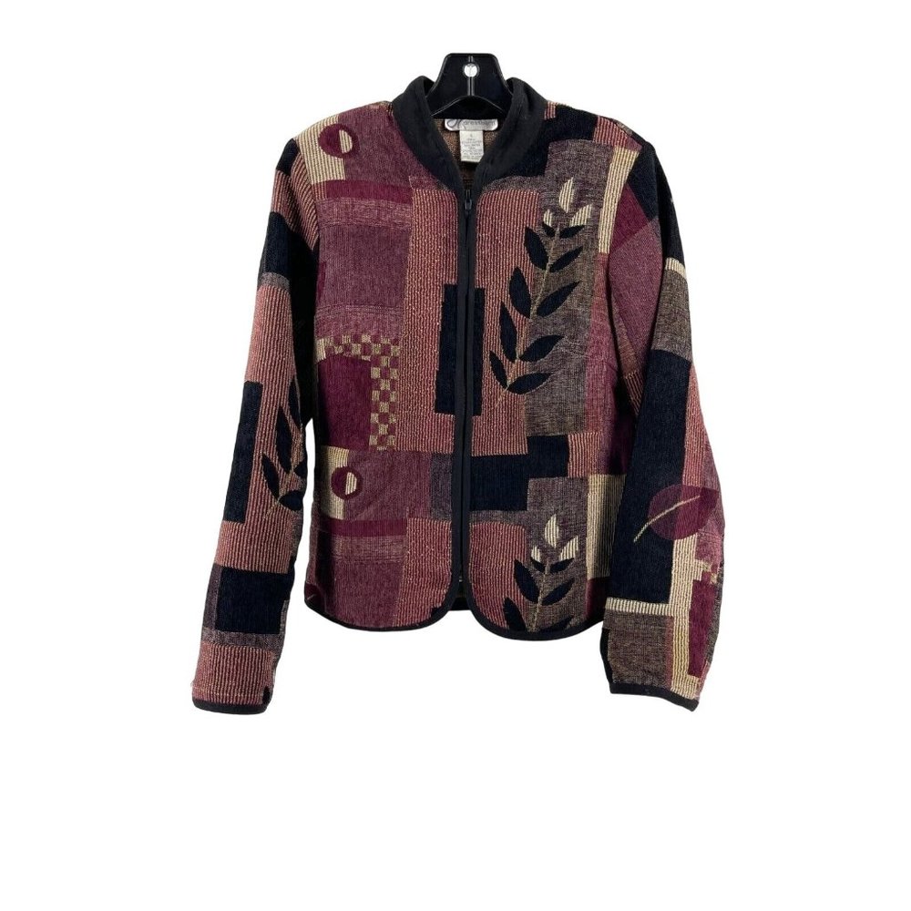 Dressbarn Floral Leaf Carpet Patchwork Design Full Zip Jacket Size Small